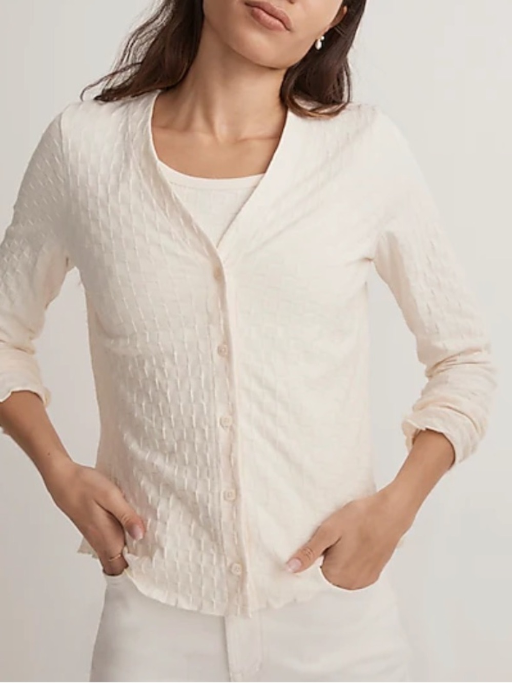 Madewell Women’s V-Neck Button Front White Checkerboard Lettuce Hem Cardigan S
